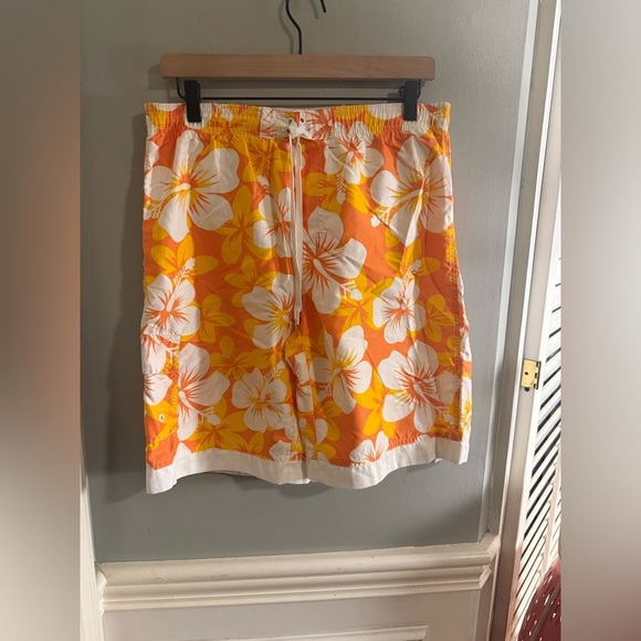 J. Khaki Orange Yellow Swim Trunks with Floral Design - Picture 8 of 8